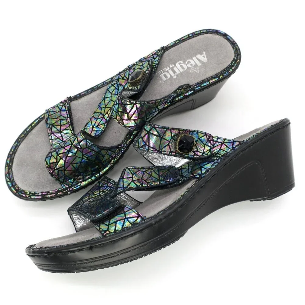 x2 Pair Alegria Loti Glitteroti & Tectonic Iridescent Slide Wedge Sandals 38 8M